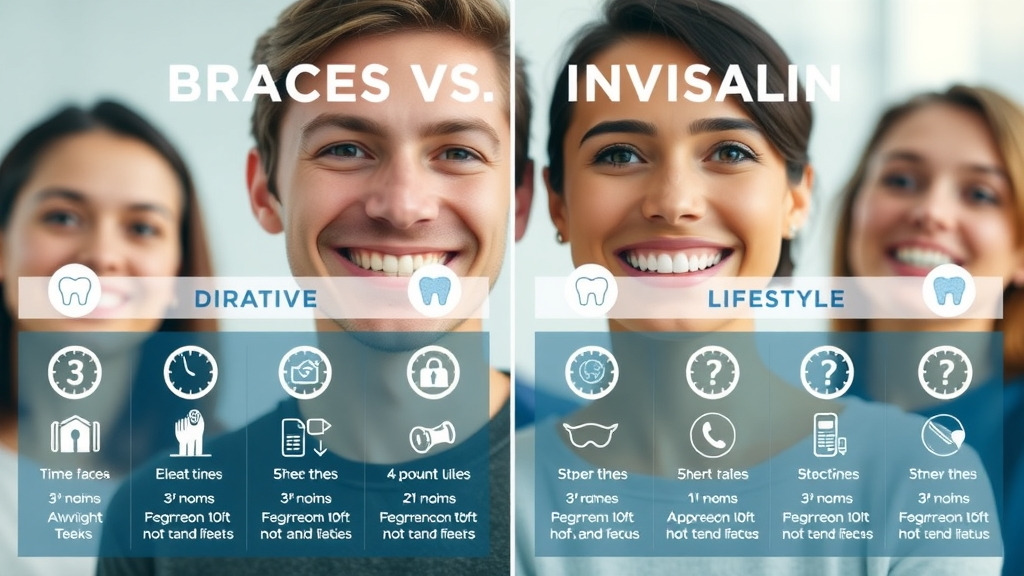 braces vs invisalign: which works faster? infographic comparing treatment time, appointment frequency, and lifestyle for braces and Invisalign aligners