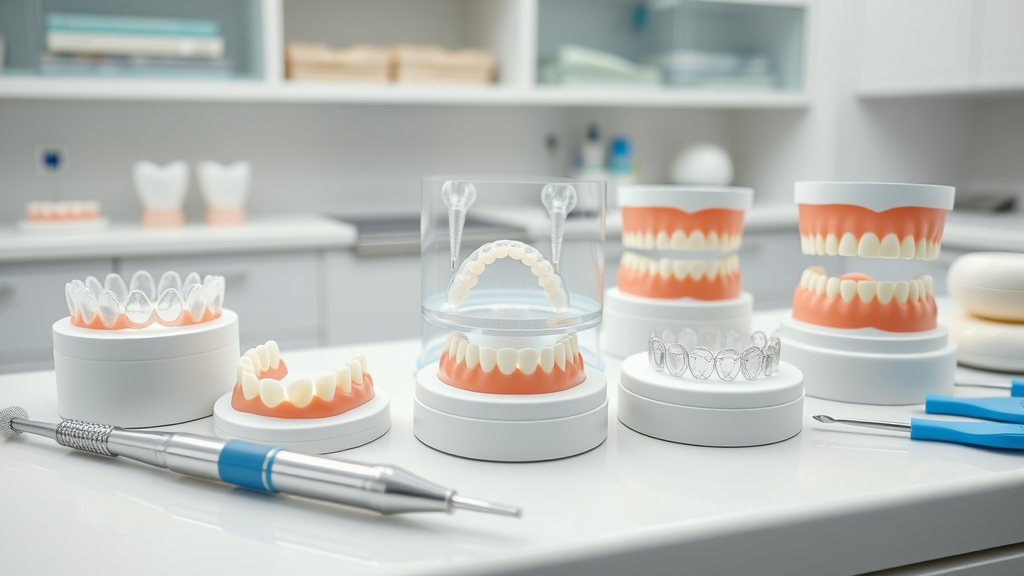 organized dental display of clear removable and fixed permanent retainers in a modern office