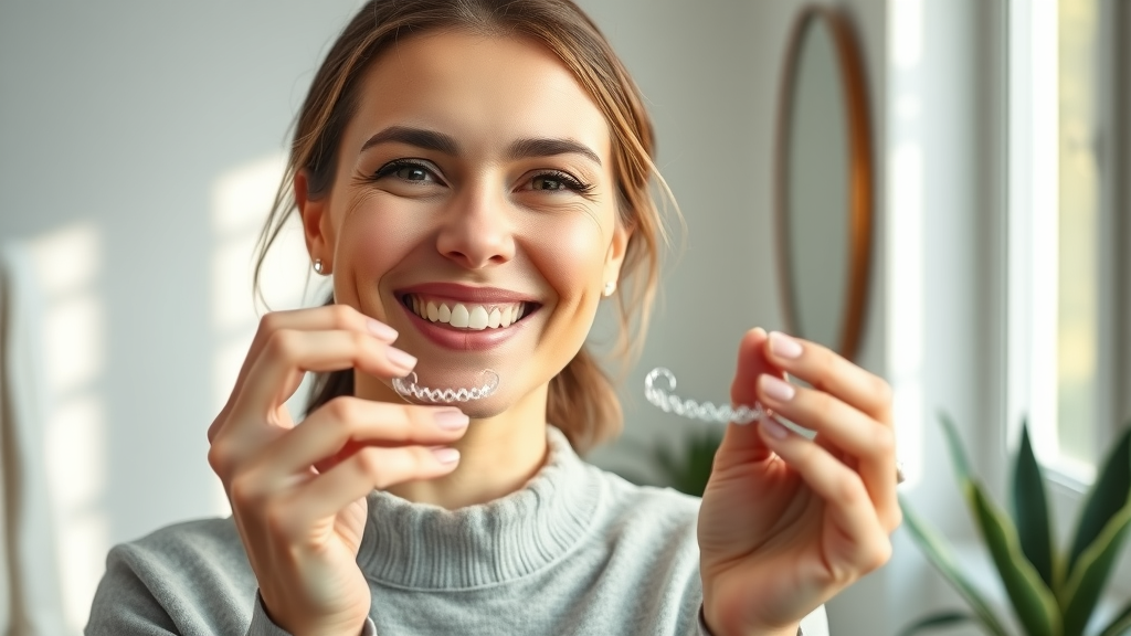 Smiling adult woman inspecting clean clear Invisalign aligners, invisalign aligner hygiene and clarity