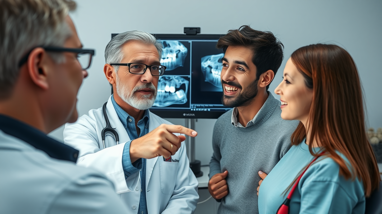 Attentive orthodontist explaining x-ray images to a teenage patient and parent in Conway
