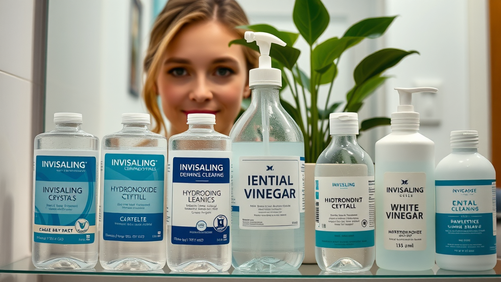 Dental cleaning products including Invisalign cleaning crystals, hydrogen peroxide, white vinegar, mild soap, cleaning method options