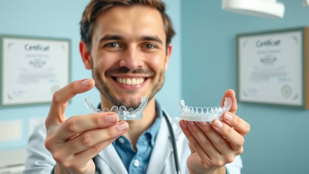 Smiling orthodontic expert comparing two clear aligners, addressing misconceptions about Invisalign treatment
