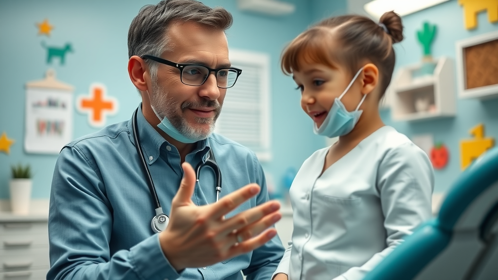 pediatric dentist explaining dental effects of thumb sucking and pacifier use to parents