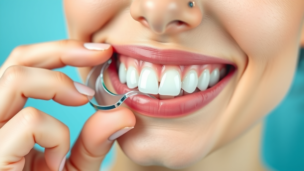 invisalign aligner orthodontic treatment: Clear Invisalign aligner being fitted onto white teeth, patient smiling gently