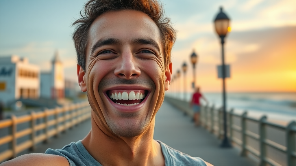 confident adult smiling after invisalign treatment on north myrtle beach boardwalk at sunrise