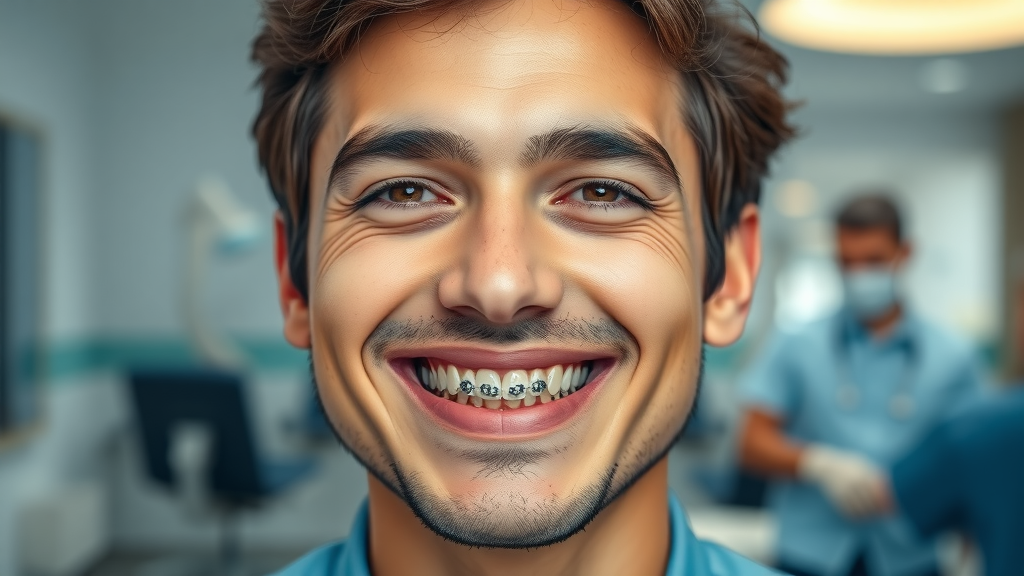 Confident adult with traditional metal braces, correcting crowded teeth and bite issues, orthodontic clinic background