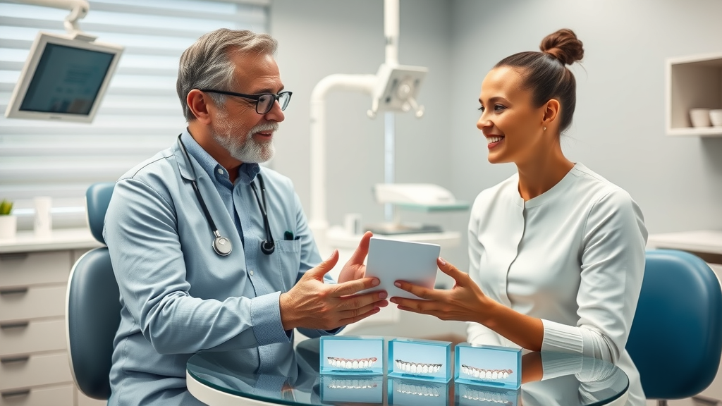 informative dental office scene, professional orthodontist consulting a patient about Invisalign treatment, modern clinic, Invisalign samples