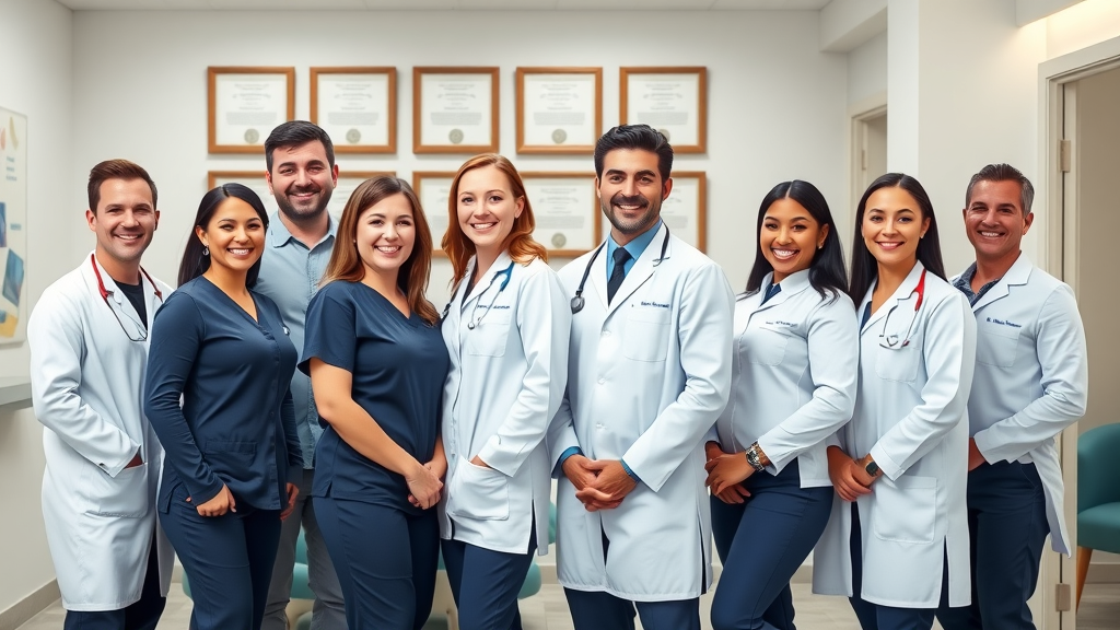 proud team of orthodontists smiling uniforms myrtle beach ortho diplomas background