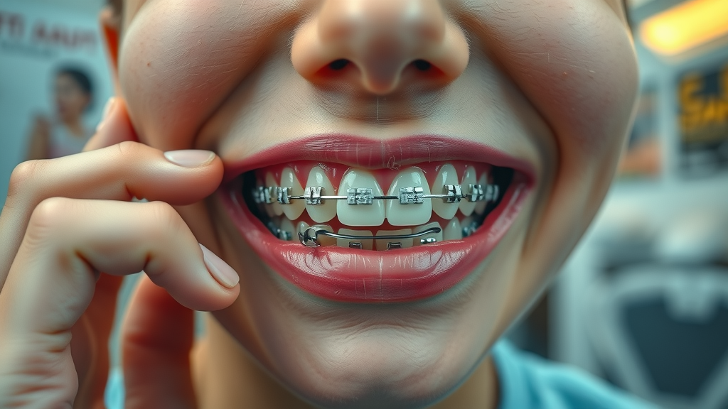 traditional metal braces with a clearly broken bracket and a loose wire, concerned adolescent, dental clinic background, dental tools, photorealistic, cool tones, soft lighting