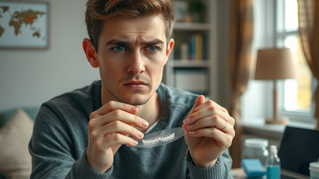 frustrated adult holding clear aligner tray at home in north myrtle beach
