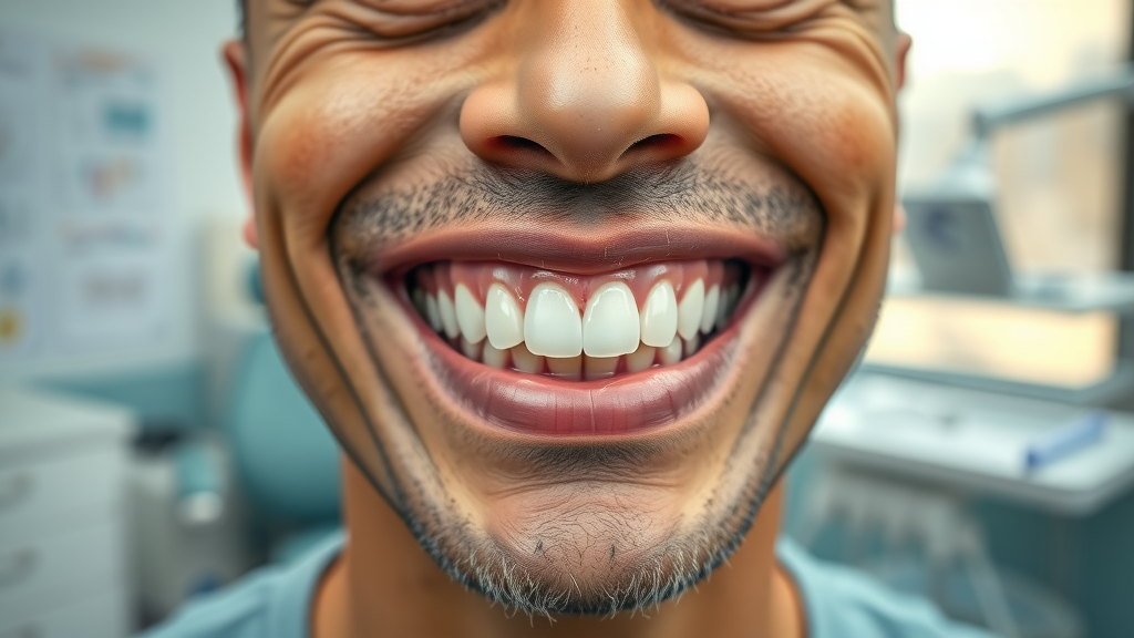 Detailed close-up of an adult smiling with crowded lower teeth dental office