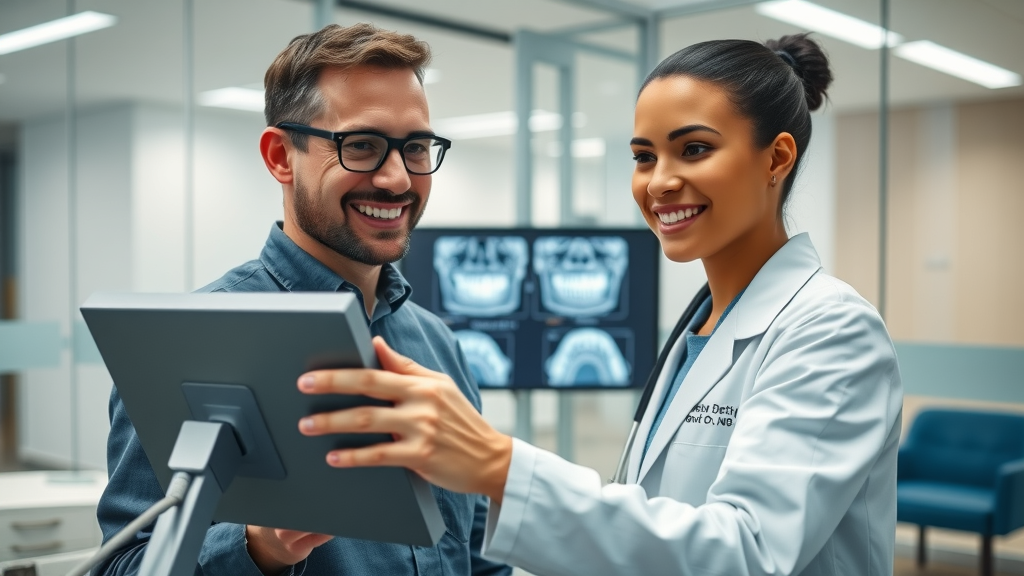 confident orthodontist using digital scanner on a smiling teenage patient, demonstrating advanced orthodontic technology and expert care