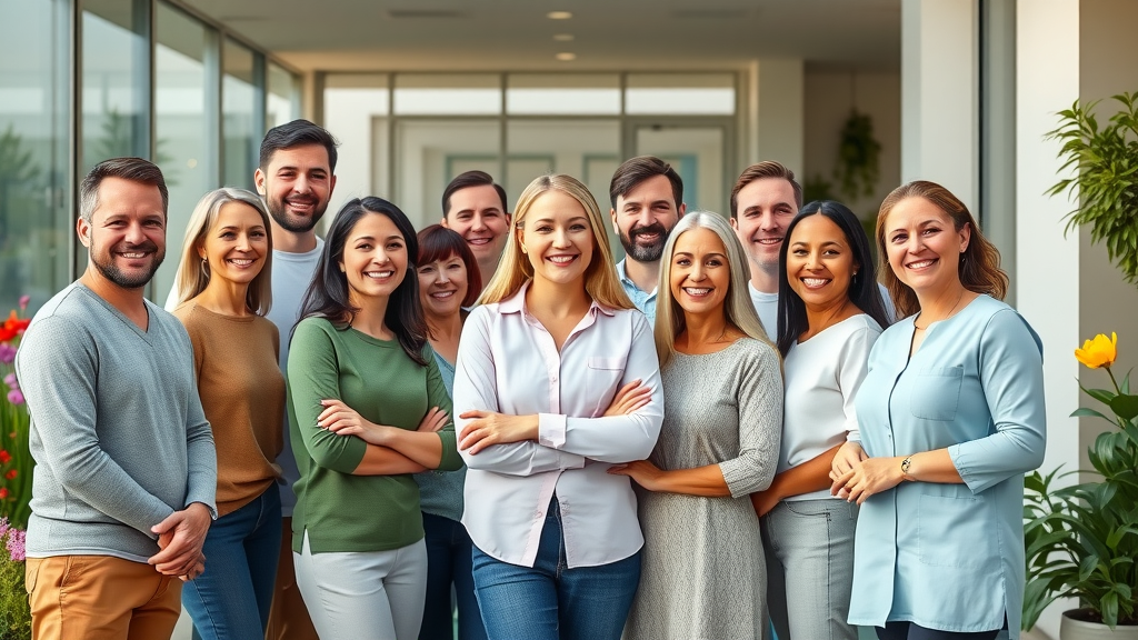 Happy diverse patients smiling confidently outside the Smile Center dental clinic