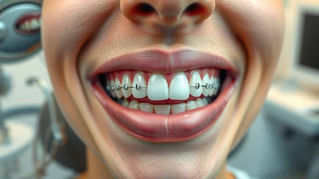 realistic close-up of orthodontic spacers placed between teeth, neutral expression, patient opening mouth to show spacers, realistic, modern dental office background, orthodontic spacer