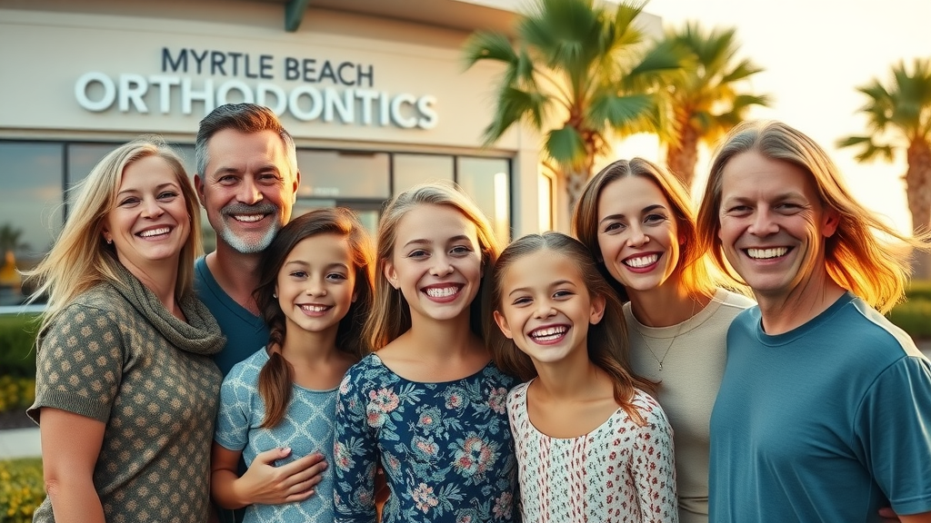 Smiling family outside myrtle beach orthodontics north location with healthy teeth
