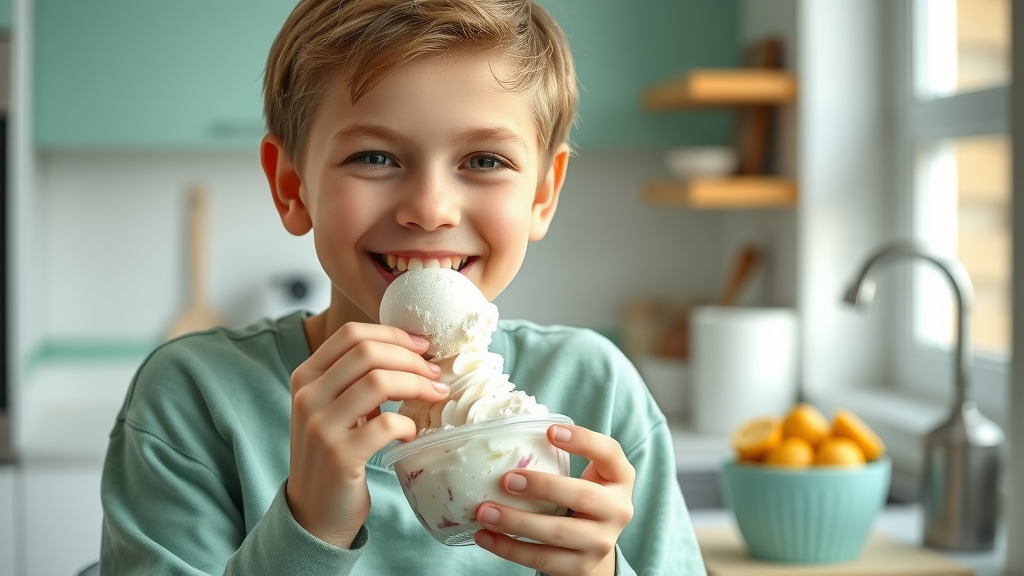 young person eating ice cream with a smile, relief after spacers, bowl of soft foods in kitchen