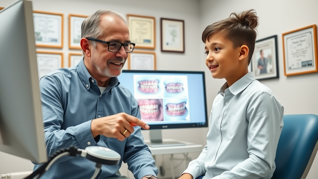 Orthodontist and young patient reviewing affordable teeth straightening options for safe results