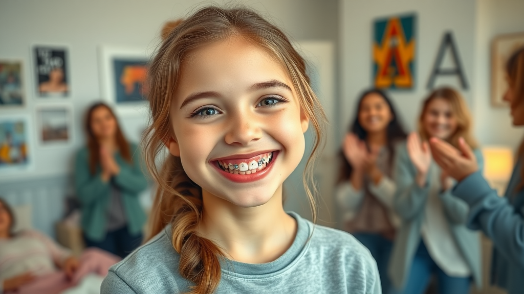Happy teenage girl showing new braces and smiling confidently – social and psychosocial factors