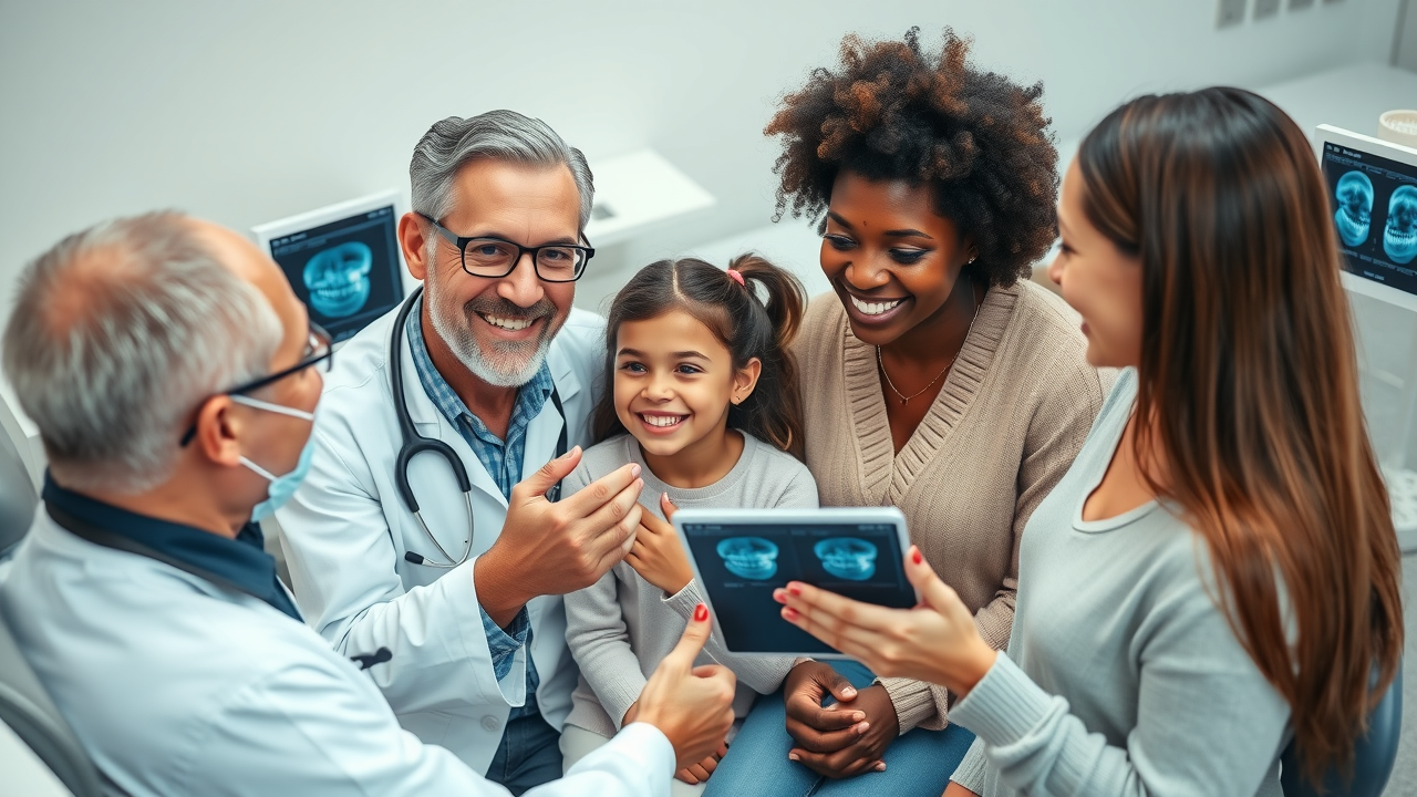 orthodontist reviewing x-ray results and discussing personalized orthodontic care plans with a diverse family
