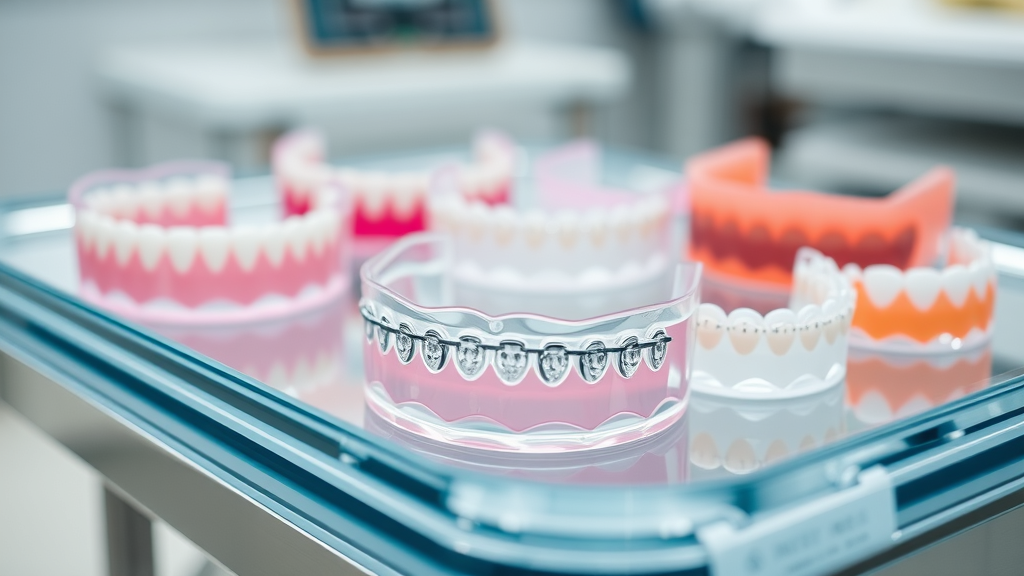 close-up of clear and Hawley retainers on a dental tray, showing orthodontic treatment equipment and types of retainers