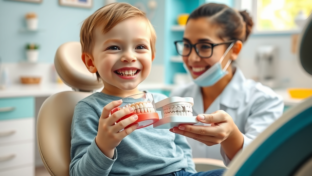 Young child sitting in an orthodontic exam chair as an orthodontist shows a dental model in a bright, colorful pediatric dental office.