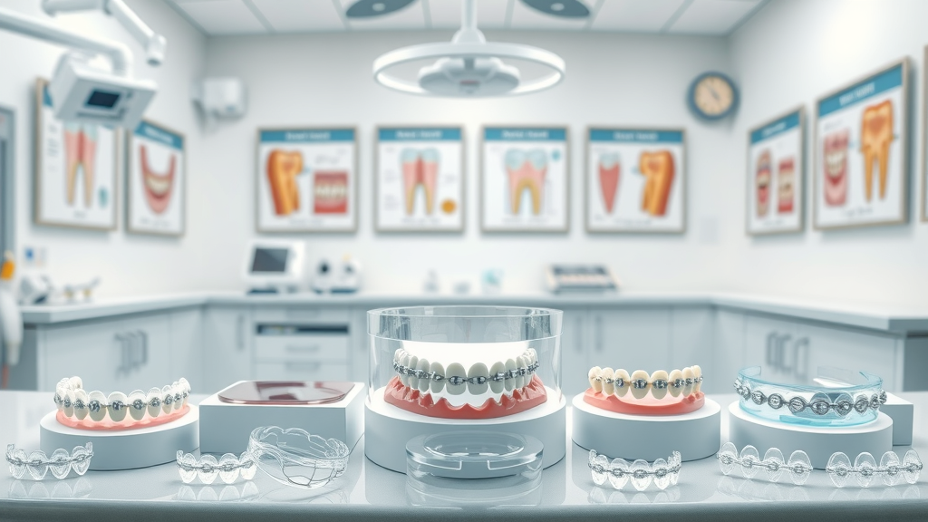 Affordable orthodontic appliances in Georgetown SC: metal braces, clear aligners, and Invisalign trays displayed in a dental clinic