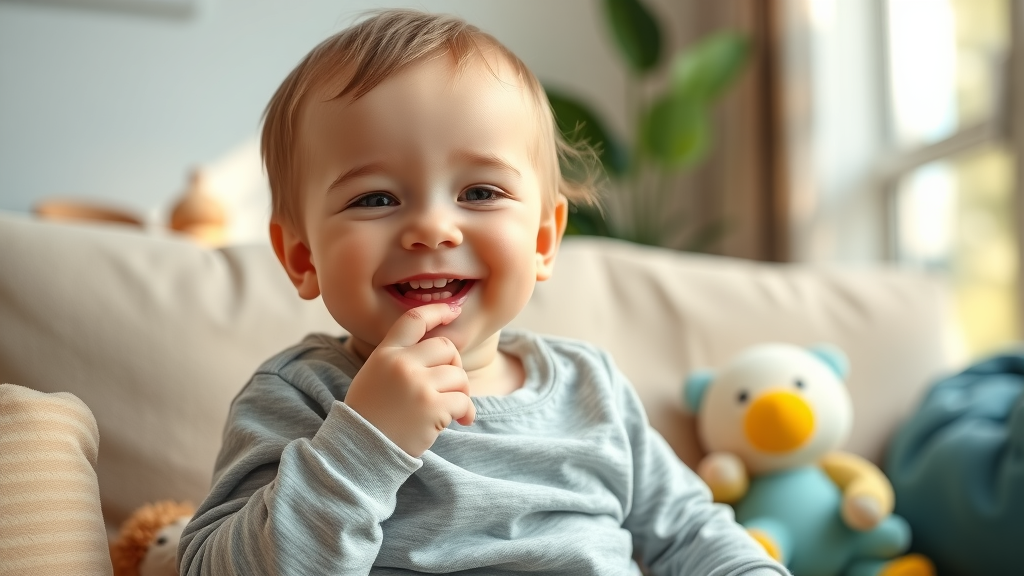Bright smiling toddler sucking thumb, cozy living room, dental health and thumb sucking