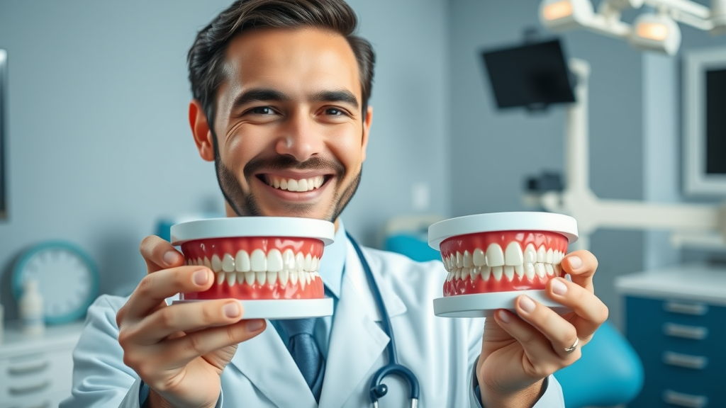 smiling orthodontist holding dental models showing before and after braces results in a modern dental clinic
