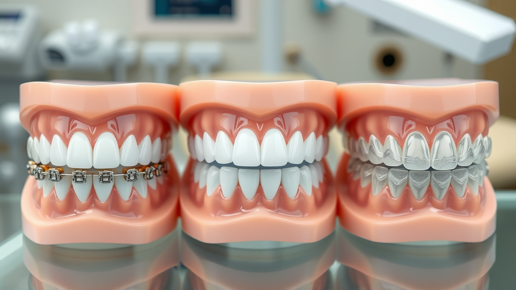 comparison of metal braces, clear braces, and clear aligners in a clinical dental setting