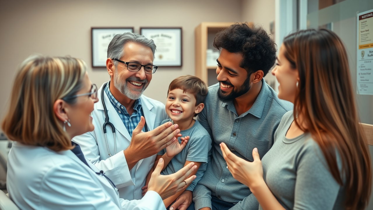 friendly orthodontist comforting parents and child in clinic, modern dental office, trust and comfort