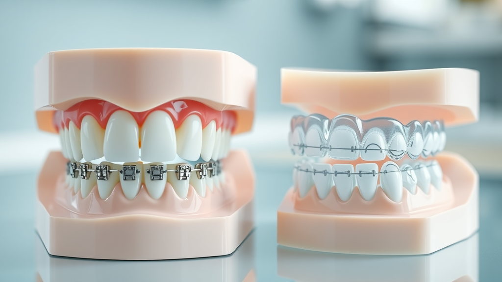 Side-by-side macro comparison of metal braces, ceramic braces, and clear aligners on dental models in a Grand Strand orthodontic clinic, highlighting clarity and construction differences.