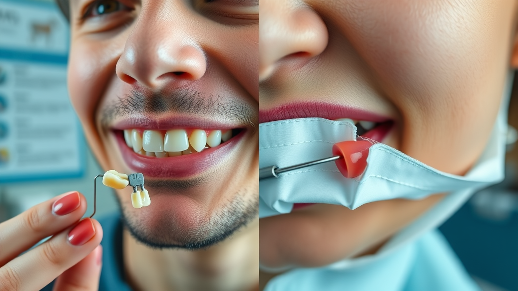 comparison image: broken dental bracket vs. snapped poking wire, dental office background, clear distinction, high detail, dynamic composition