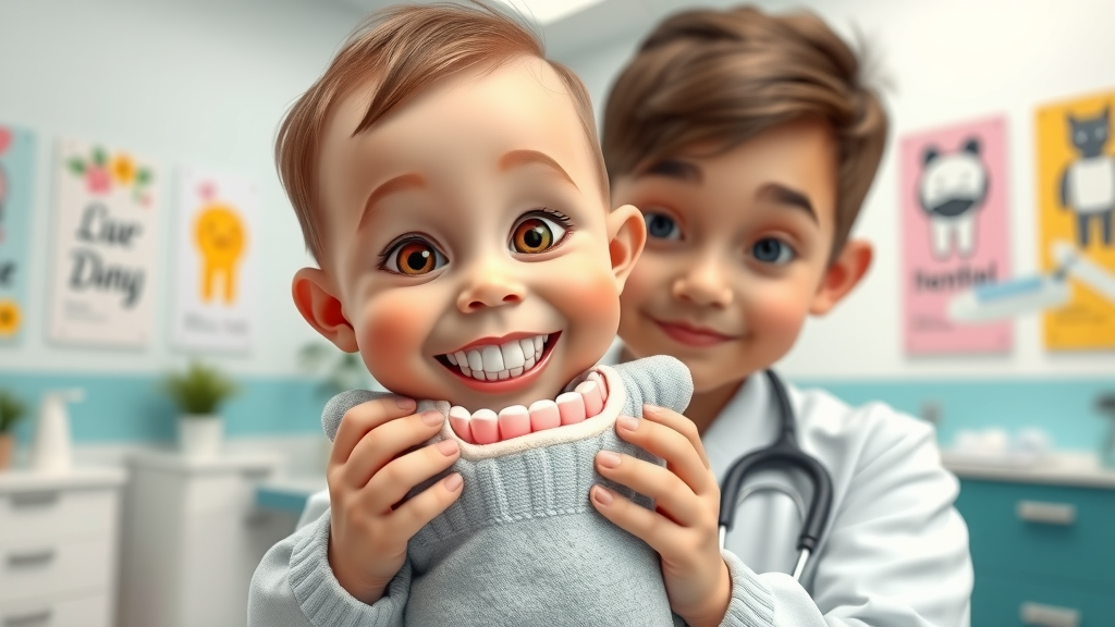 Young child baby teeth playful grin, orthodontic treatment for early oral habits