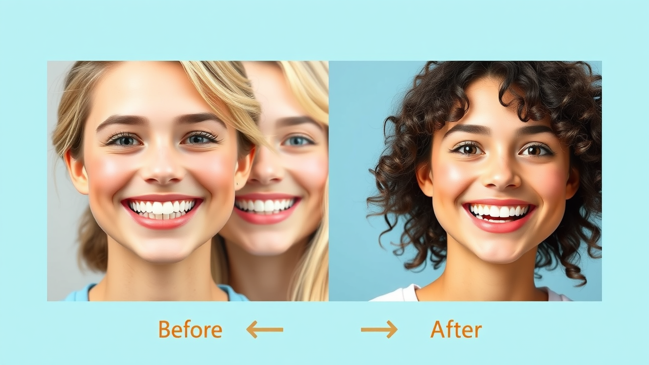 before and after of patient switching from braces to aligners, smile transformation collage, cartoon style