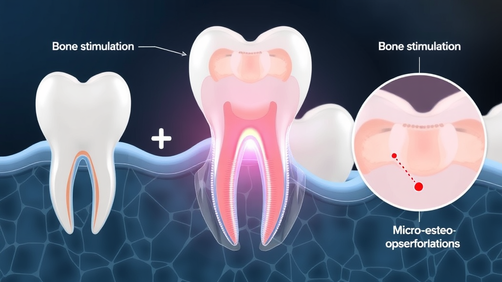 scientific illustration showing tooth roots, bone stimulation, and micro-osteoperforations for accelerated orthodontic tooth movement