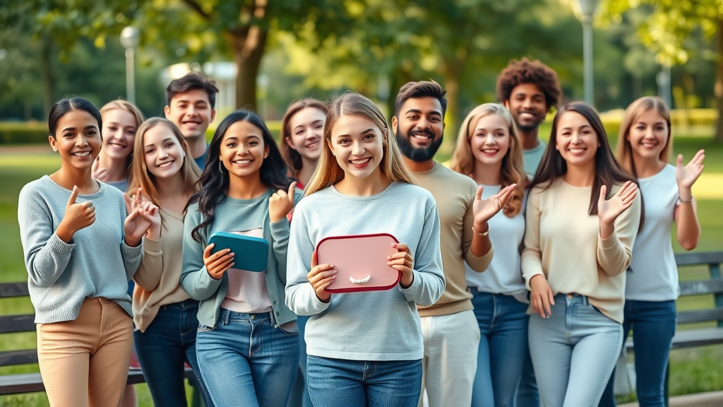 diverse group of smiling teens and adults holding retainer cases outdoors