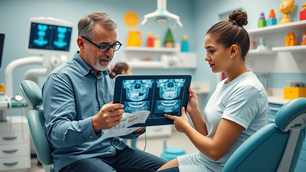 State-of-the-art orthodontic clinic, pediatric dentist showing digital x-rays to parent and child, how can i tell if my child needs braces?