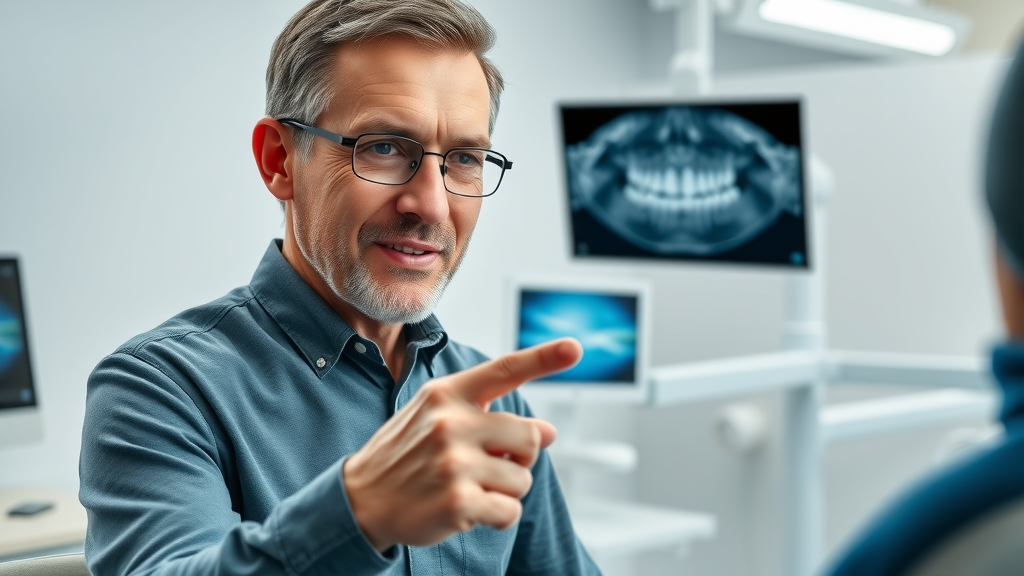 Orthodontist and patient discuss shifted teeth using x-rays after braces