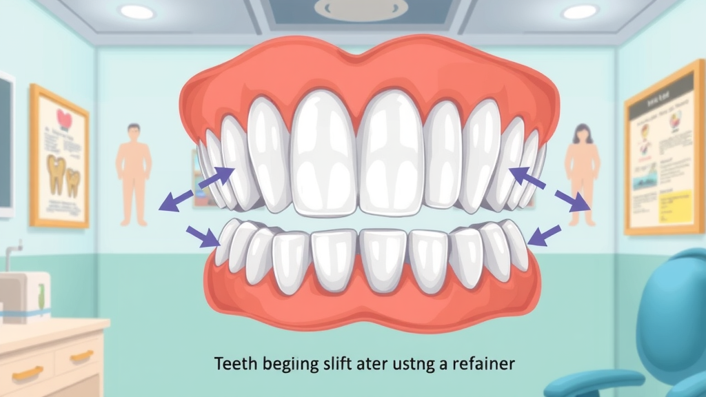 Illustrative diagram of teeth beginning to shift after losing a retainer, showing subtle movement and orthodontic changes, diagram in dental office