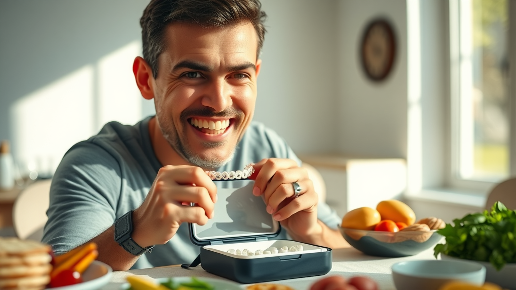 Person removing clear aligners before eating, aligner case ready, careful action to prevent aligner stains