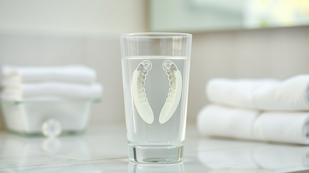 Glass of diluted white vinegar soaking Invisalign aligners, clean invisalign, distilled white cleaning method
