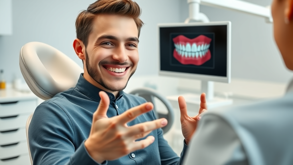 optimistic young adult patient in a modern dental clinic chair discussing orthodontic treatment with an orthodontist, showing digital images of teeth, highlighting accelerated ortho devices