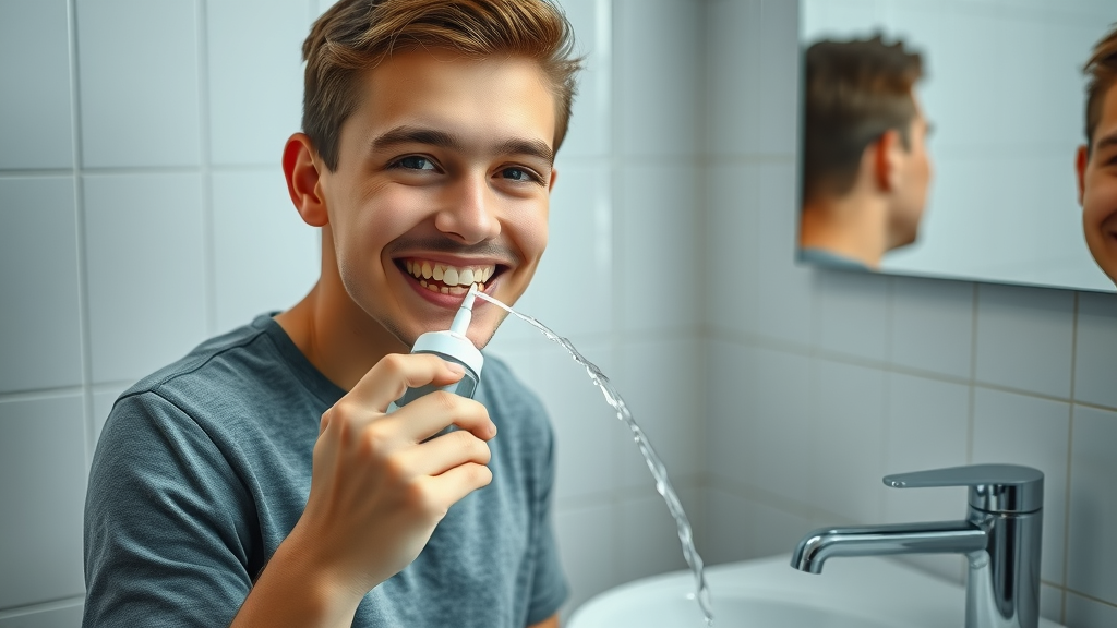 young adult using a water flosser to clean braces at the sink, showing proper oral hygiene technique with water droplets and visible orthodontic archwire