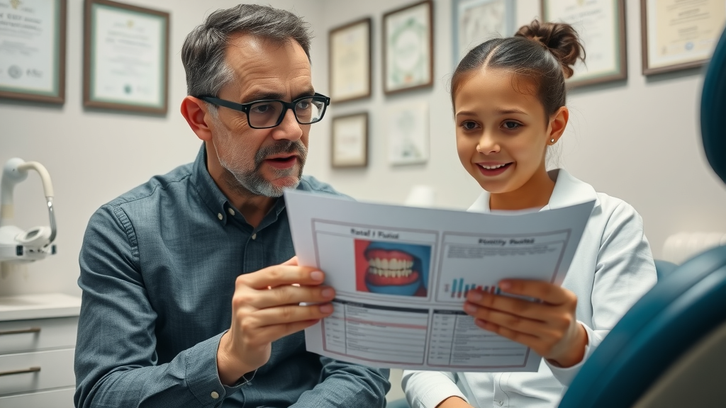 Orthodontic consultation for early orthodontic treatment safety, discussing risks with parent and child