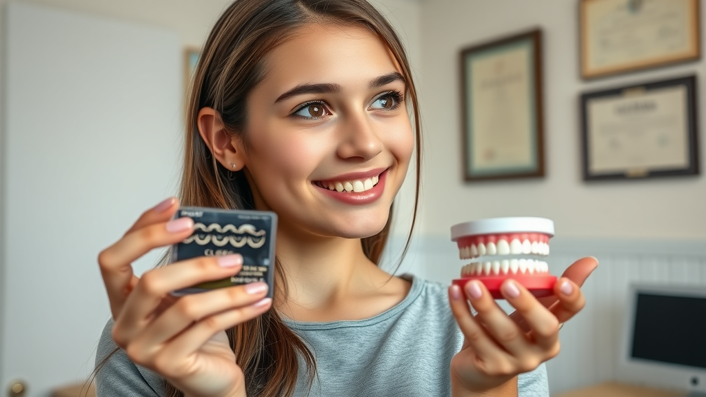 Thoughtful teenage girl in an orthodontist office comparing clear aligners and braces, highlighting mental health treatment considerations for teens.