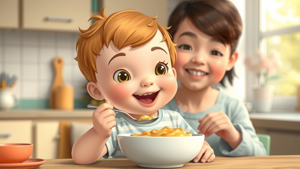 cheerful child eating applesauce with a spoon, soft foods for orthodontic spacers, parent supervising