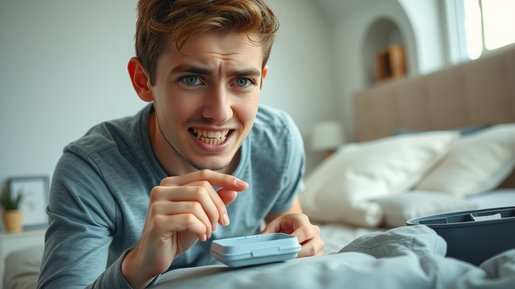 Worried young adult searching for missing retainer case, concerned facial expression, rummaging through a tidy bedroom, modern bedroom background with orthodontic props, searching for lost retainer
