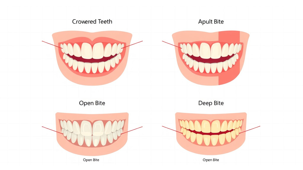 dental diagram comparing crowded teeth, crooked teeth, open bite, and deep bite in adults, can braces fix crowding or bite issues in adults?