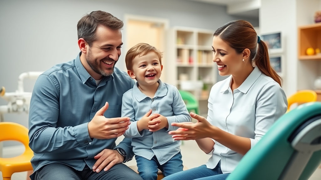 smiling family engaging with pediatric dentist for advice on thumb sucking and pacifier use