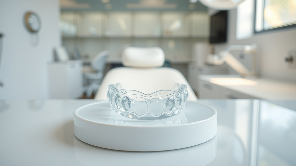 Close-up of clear aligner on white porcelain surface, highlighting aligner material - do aligners stain easily?
